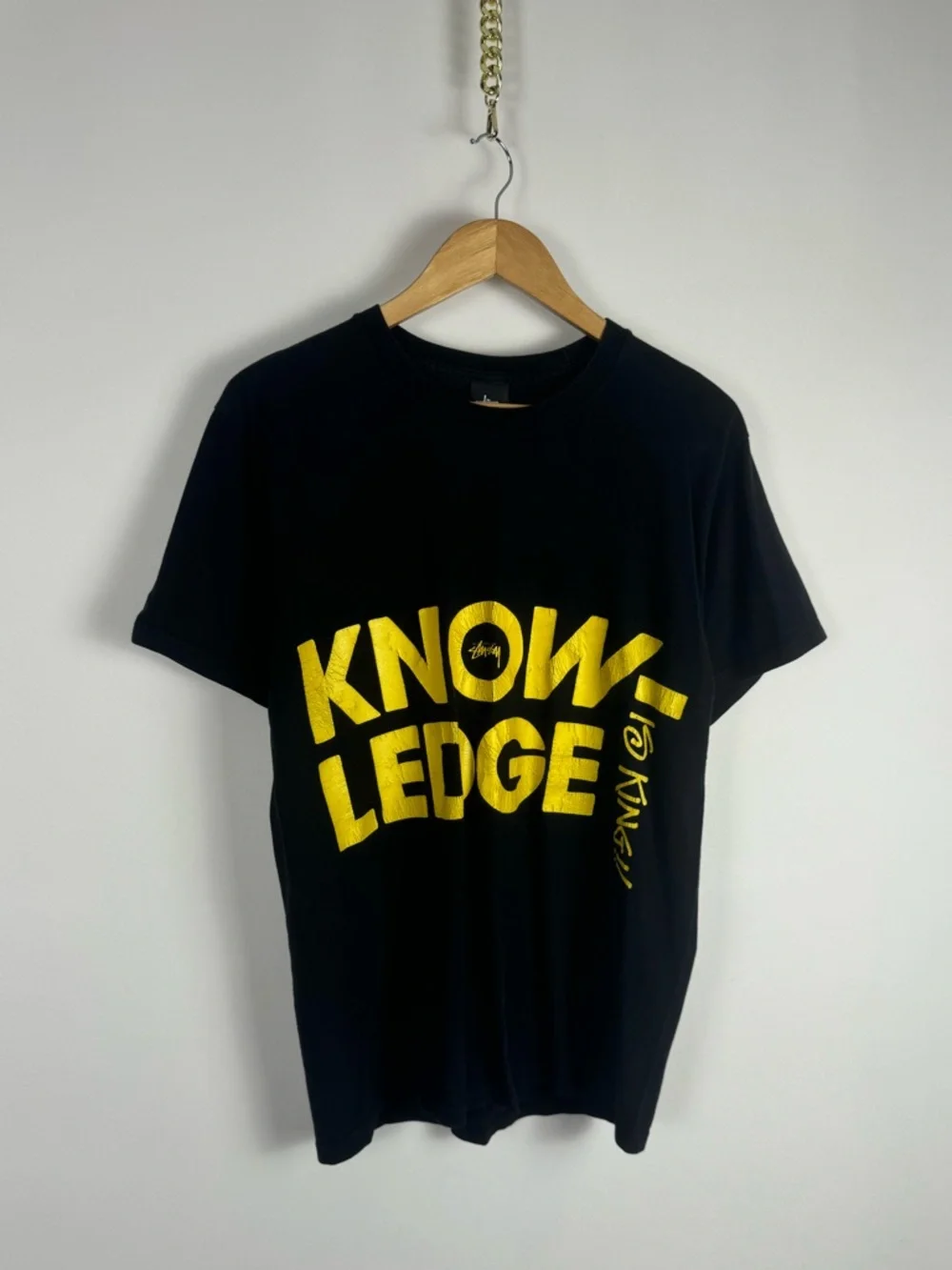 2000s Stussy Black Tee with Bold Yellow KNOWLEDGE Graphic - Picture 1 of 5